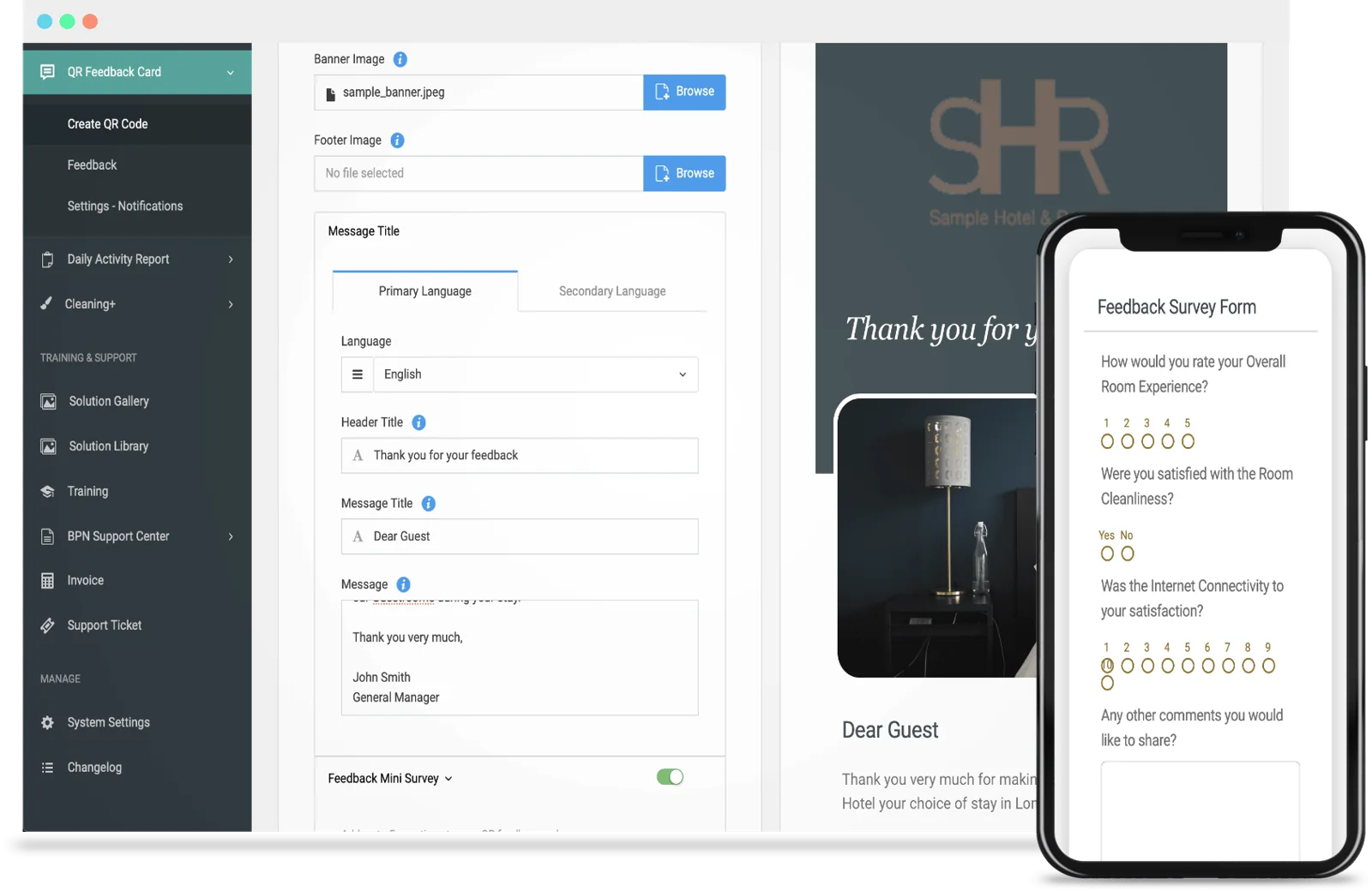 BPN QR Feedback Cards dashboard and mobile survey